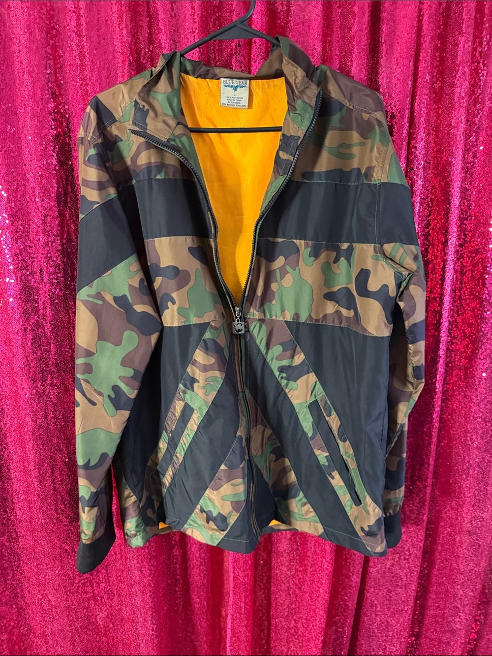 Blue Gear Camo Windbreaker Jacket with Yellow Lining